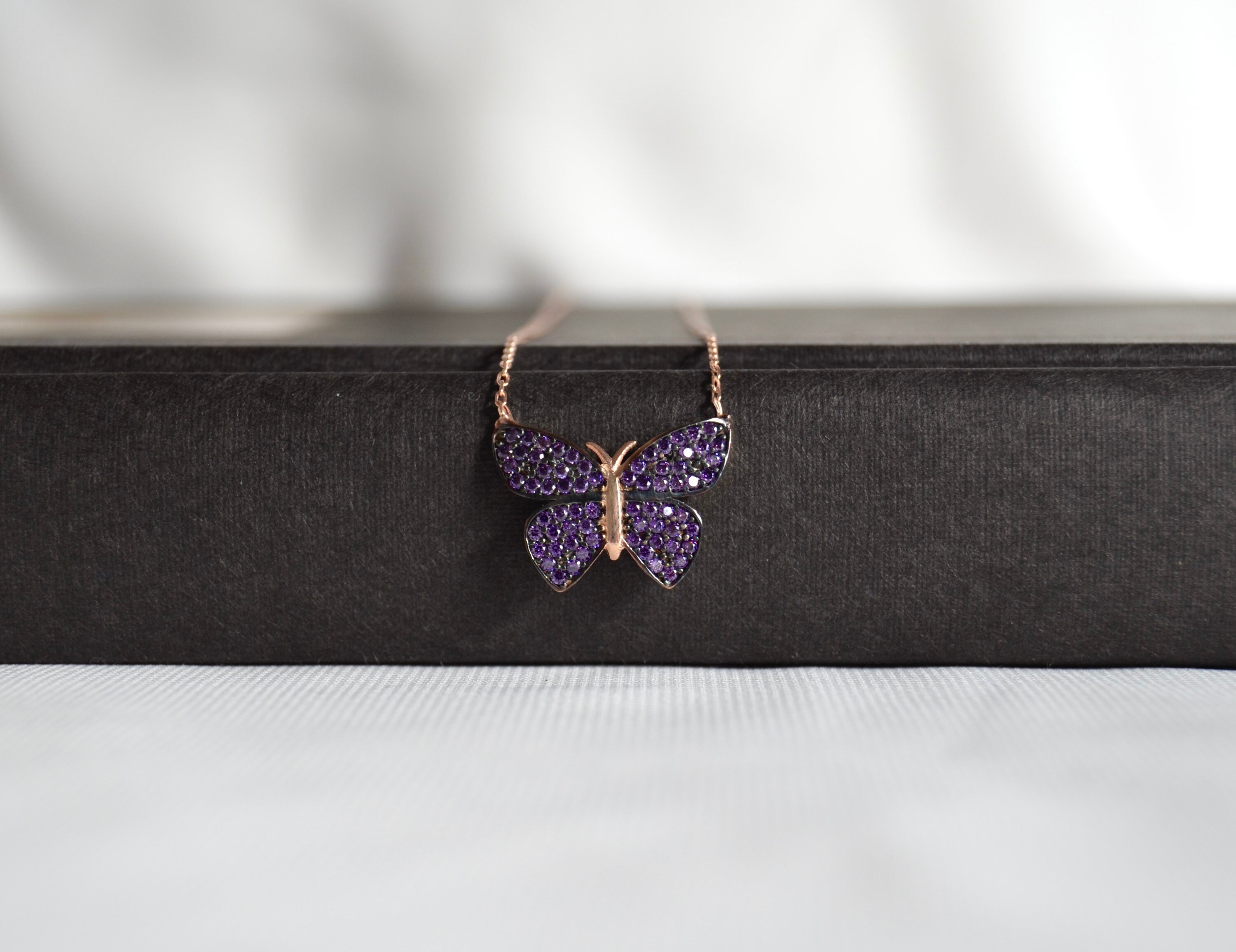 【BLACKPURPLE】BlackPurple 5P Silver Gray Butterfly Necklace Silver Purple Butterfly Necklace, Rose Women Butterfly