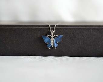 Silver Blue Butterfly Necklace, Woman Butterfly Necklace, Dainty Woman Necklace, Gift for Her, Christmas Necklace