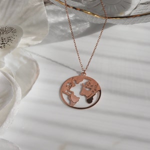 Weltkarte Halskette, Weltkarte Schmuck, Weltenbummler Halskette, Silber Sterling Weltkarte, Gold Rose Karte Anhänger, Kreis Karte