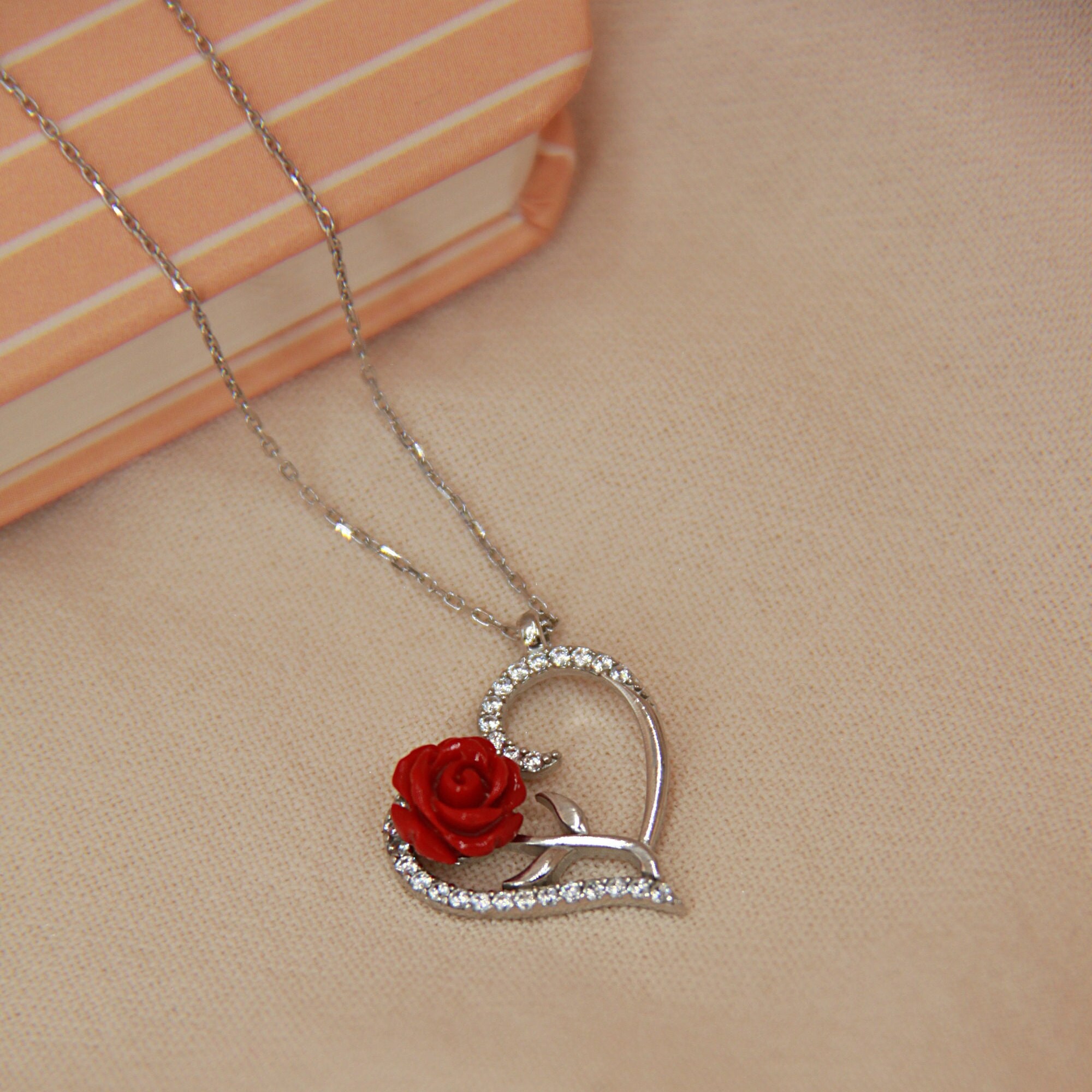 Silver Red Rose Necklace, Red Flower Necklace Set, Red Rose