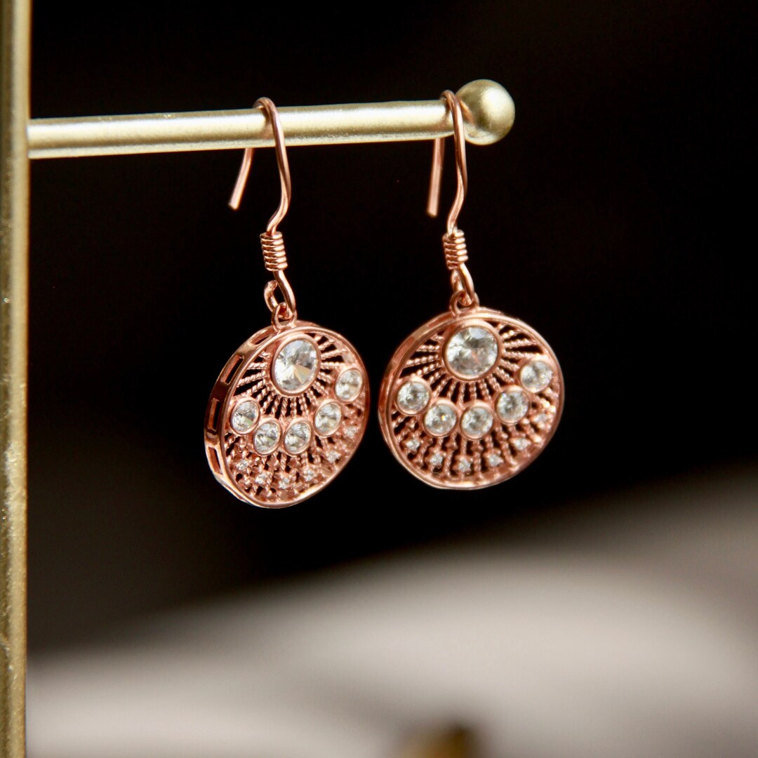 Silver Ethnic Hoop Earrings, Zircon Stone Hoop Earrings, Rose Gold