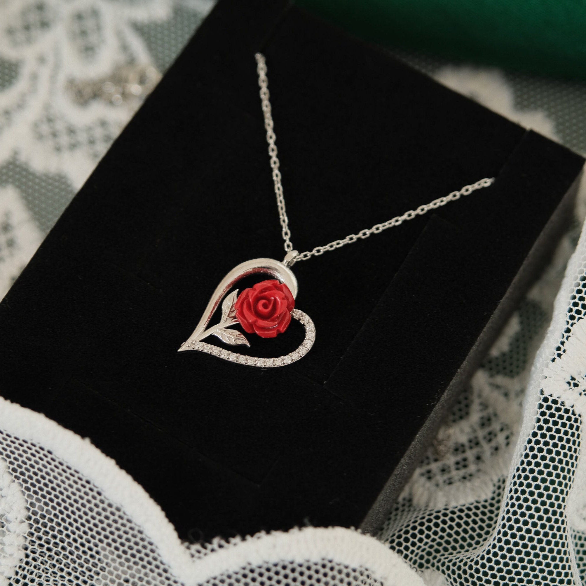 Silver Heart Red Rose Necklace, Heart Necklace, Red Rose