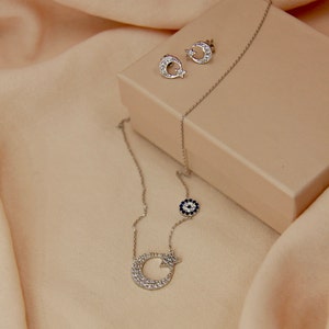 Zilveren Turkse vlag ketting set, zirkoon steen halve maan en ster ketting en oorbellen, zilveren maanster met boze oog ketting,