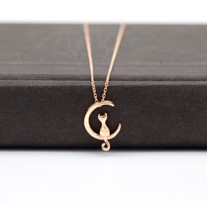 Silver Crescent Cat Necklace, Rose Cat Necklace, Cat and Moon Necklace, Silver Cat on the Moon, Mother&#39;s Day Gift