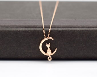 Silver Crescent Cat Necklace, Rose Cat Necklace, Cat and Moon Necklace, Silver Cat on the Moon, Mother's Day Gift