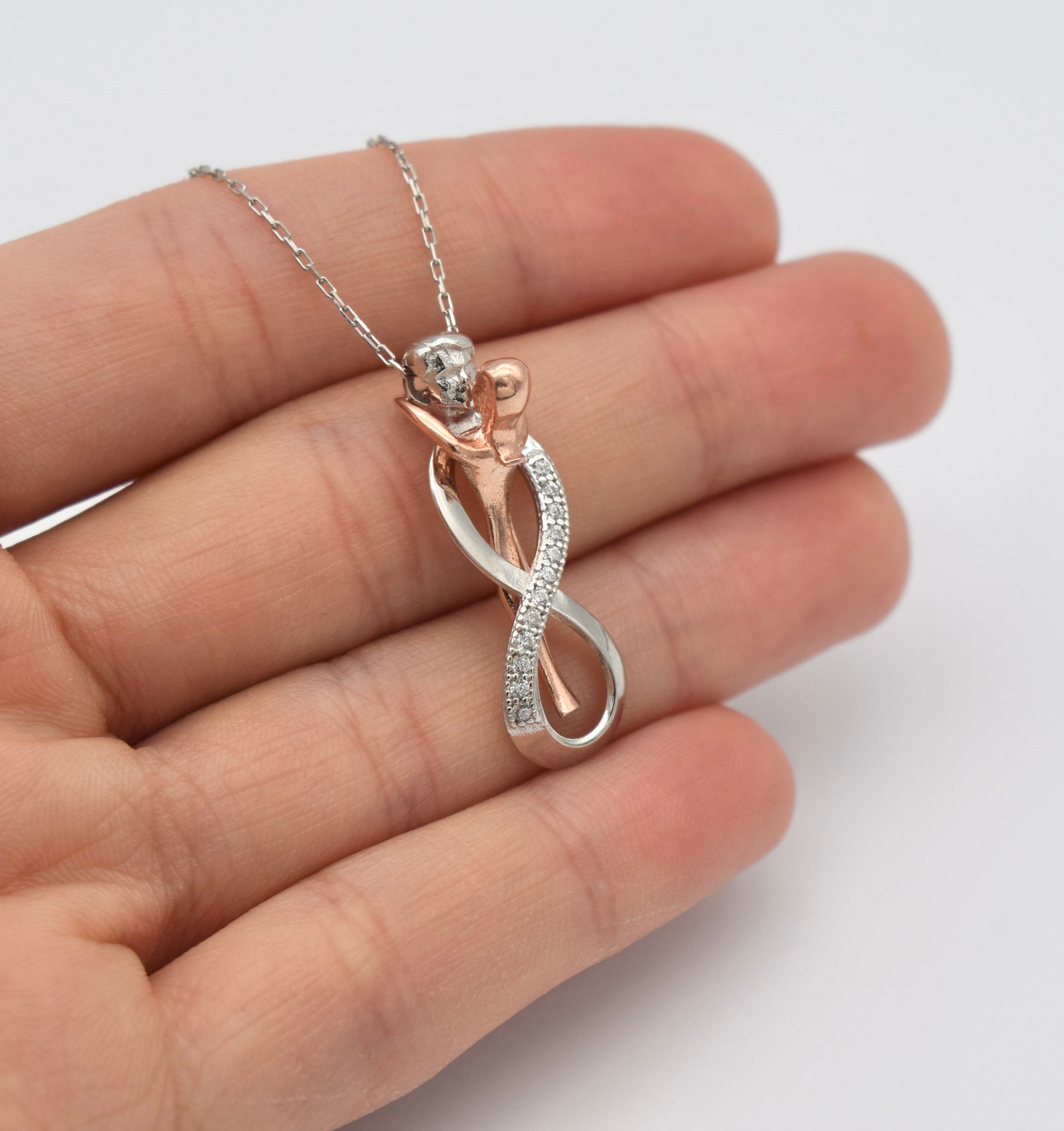 Silver Couple Infinity Necklace, Couple Hugging Necklace