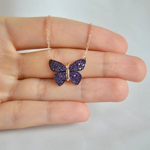 Silver Purple Butterfly Necklace, Rose Women Butterfly Necklace, Gift for Her, Zircon Butterfly Necklace, Rose Gold Plated, Purple Butterfly