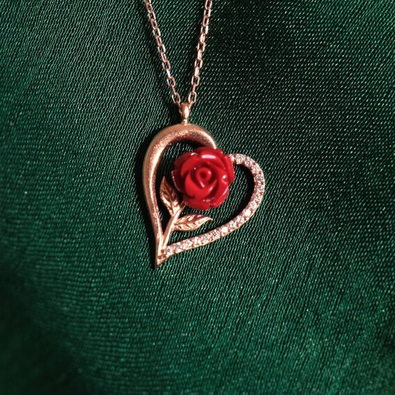 Silver Heart Red Rose Necklace, Rose Gold Plated Heart Necklace