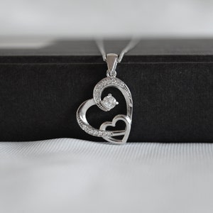 Silver Double Heart Necklace, Zircon Stone Heart Necklace, Two Hearts Necklace, Christmas Gift, Gift for Her, Woman Heart Necklace