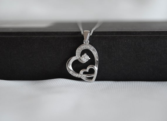 Pendentif Cœur Double Zircon Blanc Argent 925 - Chaîne Longueur Réglable