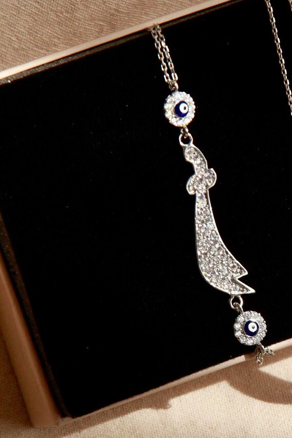 Silver Zulfiqar Sword Evil Eye Bracelet, Evil Eye Bracelet