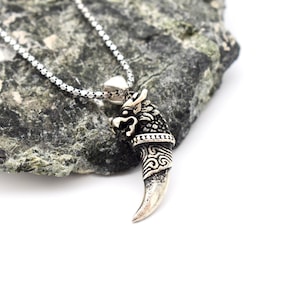 Silver Dragons Tooth Necklace, Oxidized Chinese Ancient Tooth Necklace, Dragon Head Necklace, 925 Sterling Silver Pendant, Tooth Necklace