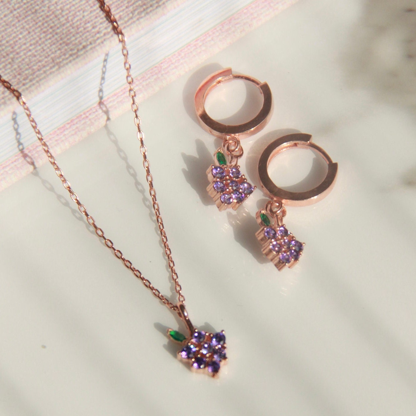 Grape Jewelry Set, Rose Gold Plated, Purple Grape