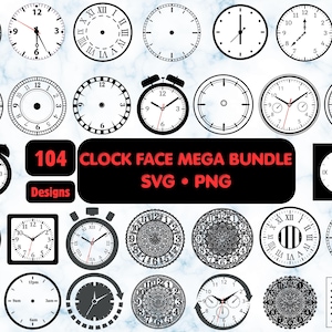 May include: A digital collection of 104 clock face designs in SVG and PNG formats. The bundle features various circular and square clock faces with diverse numeral styles, including Roman and Arabic numerals, intricate patterns, and alarm clock icons.