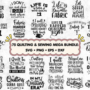 Op de afbeelding: Een digitale collectie van 75 zwart-wit grafische ontwerpen met een quilt- en naaithema, voorzien van diverse typografie en iconen zoals naaimachines, naalden en scharen, met de centrale tekst 75 QUILTING & SEWING MEGA BUNDLE.