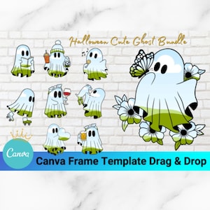 Halloween Cute Ghost Canva Frame Bundle – Editable Drag & Drop Ghost Frames – Fun Sublimation Template for Kids, Fall Spooky Season Designs