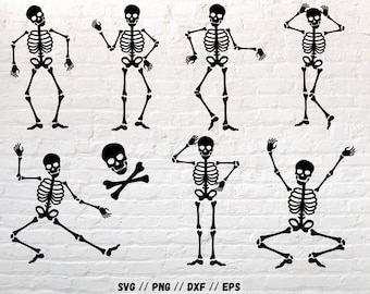 May include: Set of eight black skeleton illustrations in various poses, including a skull and crossbones. The skeletons are all in a simple, cartoon style.