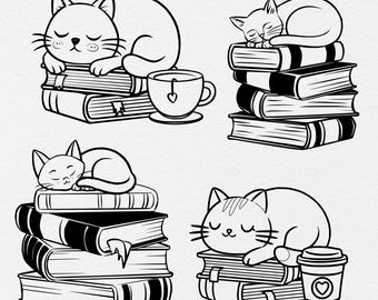 Cat on Books SVG, Cat Svg, Cat Books Svg, Cute Cat Svg, Book Lover Svg, Cat Coffee Svg,  Kitten Svg, Book Svg, Books Clipart, Cat Clipart