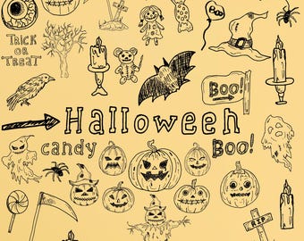 Hand Drawn Halloween Doodles, Cute Spooky Clipart Bundle, Icons SVG PNG for Cricut