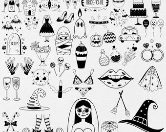 Hand Drawn Halloween Bachelorette SVG Bundle, Spooky Bride Clipart Icons, Witchy Bachelorette Party Invite, Halloween Bachelorette Svg
