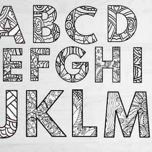 May include: Black and white alphabet letters with intricate patterns and designs. Each letter is filled with a unique design, creating a decorative and artistic alphabet.