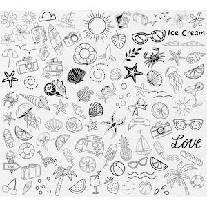 130+ Beach Clipart Bundle, Black and White Vacation Illustrations, Hand Drawn Beach Icons, Summer Doodles SVG, Instant Download