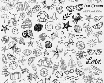 Strand clipart bundel, handgetekende zomervakantie doodles (svg, eps, png, dxf)