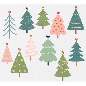 Op de afbeelding: Een verzameling van tien grillige kerstboom illustraties in verschillende kleuren, waaronder groen, blauw en roze. Elke boom heeft unieke ontwerpen, zoals ster- of harttoppers en decoratieve elementen. De bomen staan tegen een witte achtergrond.