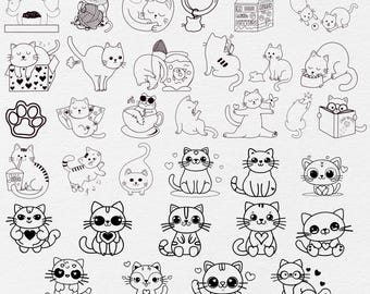 Más de 30 divertidos SVG de gatos kawaii, clipart de gatito kawaii, SVG de gato dibujado a mano, SVG de gato divertido, SVG de gato con garabatos, SVG de contorno de gato divertido