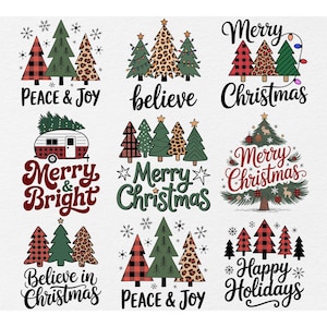 May include: A selection of Christmas designs featuring festive Christmas trees with plaid and leopard print patterns. Each design includes holiday greetings such as "Peace & Joy," "Merry Christmas," and "Happy Holidays."
