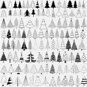 Pacchetto di oltre 100 immagini SVG PNG di alberi di Natale, contorno di alberi di Natale, albero di Natale SVG disegnato a mano, ornamenti natalizi SVG, clipart di alberi di Natale