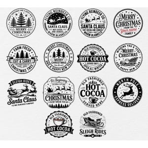 Może przedstawiać: Kolekcja czarno-białych wzorów o tematyce świątecznej. Okrągłe wzory zawierają teksty takie jak "Merry Christmas", "Santa Claus" i "Hot Cocoa". Inne wzory obejmują choinki, renifery i sanie.