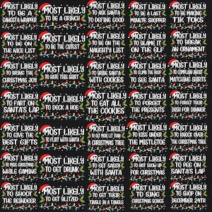 Puede incluir: Un fondo negro con un borde blanco y un patrón repetitivo de texto navideño. El texto está en blanco, en negrita e incluye frases como "Most Likely to Be a Grinch", "Most Likely to Eat All the Cookies" y "Most Likely to Get Blitzed".