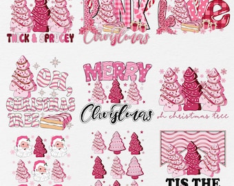 Pink Christmas Tree Cakes SVG PNG-bundel, roze kerstsublimatie ontwerpen, kerstboomsublimatie, Pink Santa png, kersttaart png