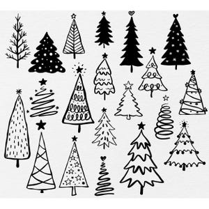 May include: A collection of hand-drawn Christmas tree illustrations in black ink on a white background. The trees vary in style, from simple outlines to detailed designs with stars and ornaments, perfect for holiday-themed crafts.