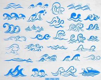 May include: A set of 25 blue wave illustrations, ideal for adding a nautical touch to your designs. The waves are in various styles, from simple to complex, and can be used for a variety of projects.