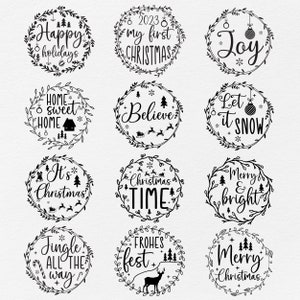 Paquete de adornos navideños SVG con letras a mano, adornos navideños redondos SVG, Navidad SVG, Creer SVG, Primera Navidad SVG, Alegría SVG