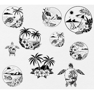 May include: A selection of black and white tropical illustrations. The designs feature turtles, palm trees, hibiscus flowers, beach scenes with parasols and deckchairs, and ocean views, all within circular frames.