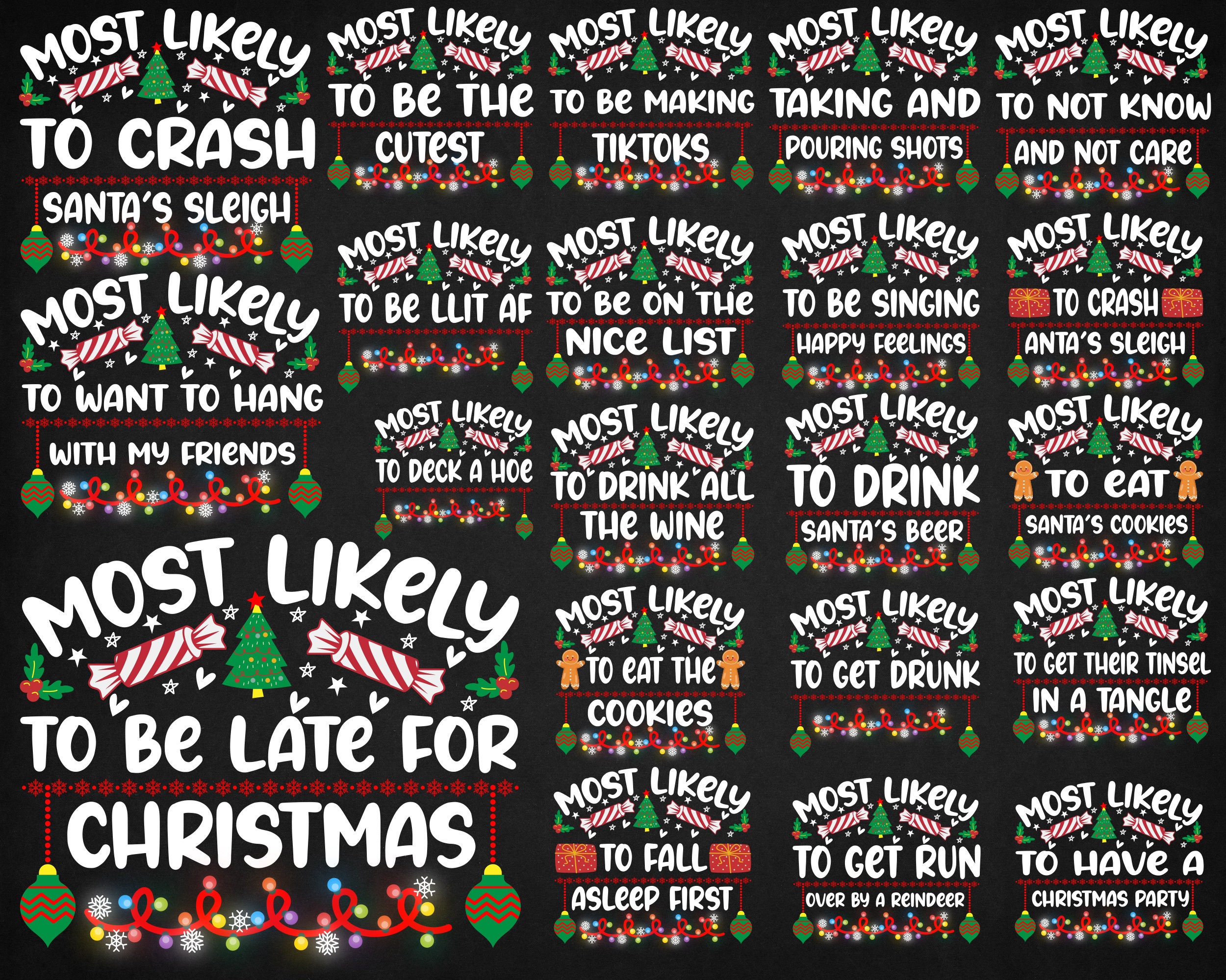 32 meest waarschijnlijk tot png-ontwerpbundel, meest waarschijnlijk tot kerst grappige citaten png, familie kerstshirt png, commercieel gebruik, digitaal bestand