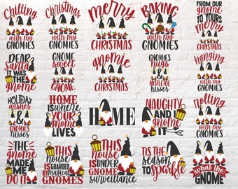 Könnte beinhalten: Eine Sammlung von Designs zum Thema Weihnachten mit Wichteln. Jedes Design enthält Texte wie "Chilling with my Gnomies", "Merry Christmas" und "Tis the season to sparkle". Die Wichtel sind mit schwarzen Hüten und roten Outfits dargestellt.