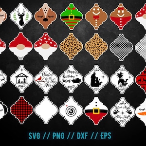 Könnte beinhalten: Ein Set mit 20 digitalen Schnittdateien mit verschiedenen Weihnachts- und Wintermotiven. Die Designs sind im marokkanischen Fliesenstil mit filigranen Mustern und festlichen Bildern. Die Designs beinhalten einen Pinguin, einen Lebkuchenmann, einen Schneemann, den Weihnachtsmann und vieles mehr.