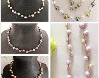 Ladies necklace of freshwater pearls colorful, shell beaded necklace for woman, colorful cultured pearls chain woman, gift mom, girlfriend, wife