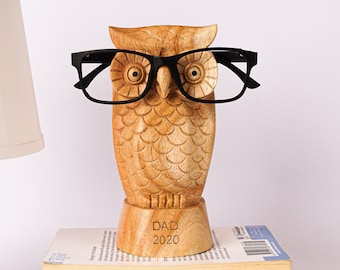 Hibou lunettes Stand, porte-lunettes, Sculpture d'oiseau en bois, organisateur de lunettes de soleil, sculpture sur bois, décor