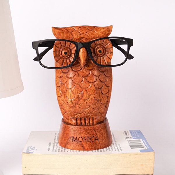 Hibou lunettes Stand, porte-lunettes, Sculpture d'oiseau en bois, organisateur de lunettes de soleil, sculpture sur bois, décor, vacances