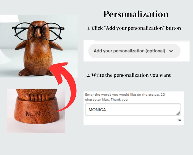 May include: A wooden penguin figurine wearing black glasses with the option to personalize the base with a name or short message. The base is engraved with the word "MONICA".