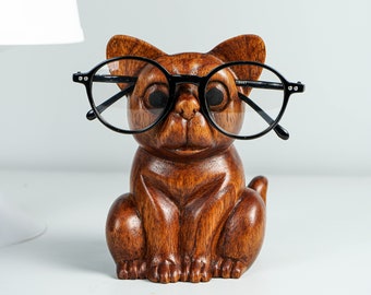 Brown Cat Eyeglasses Stand, Glasses Holder, Wooden Animal Sculpture, Sunglasses Organiser, Reading Glasses, Home Decor, Mother's Day