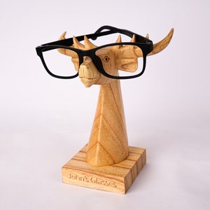 Studious Deer in Natural Deer-Shaped wood Eyeglasses Stand with a Natural Finish