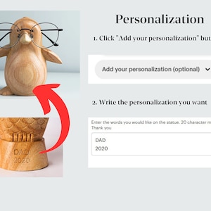 May include: Wooden penguin figurine with glasses. The base of the figurine can be personalized with up to 20 characters. The example personalization reads "DAD 2020".