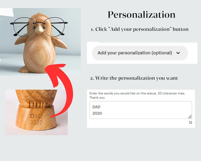 May include: Wooden penguin figurine with glasses. The base of the figurine can be personalized with up to 20 characters. The example personalization reads "DAD 2020".