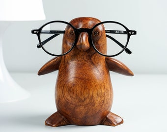 Brown Penguin Eyeglasses Stand, Glasses Holder, Wooden Animal Sculpture, Sunglasses Organiser, Home Decor, Gift for Her, Mother's Day